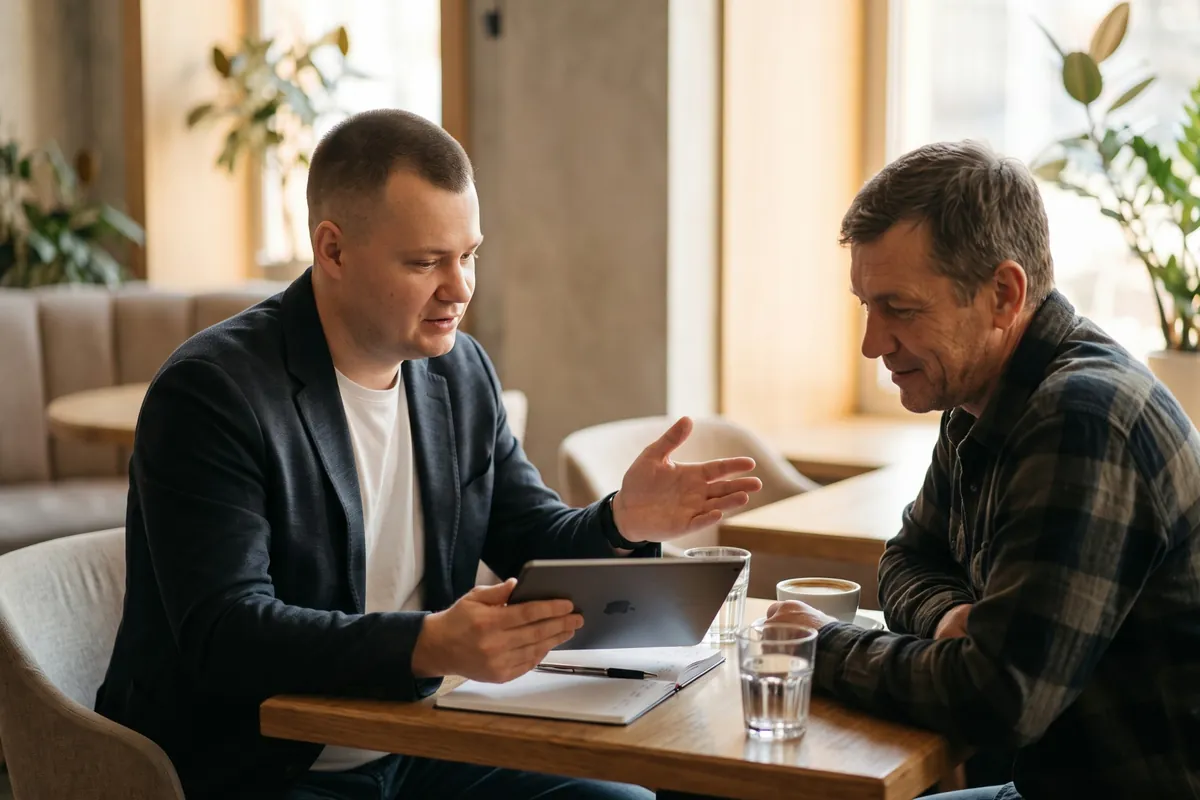 У кафе показую власнику сервісу план на планшеті