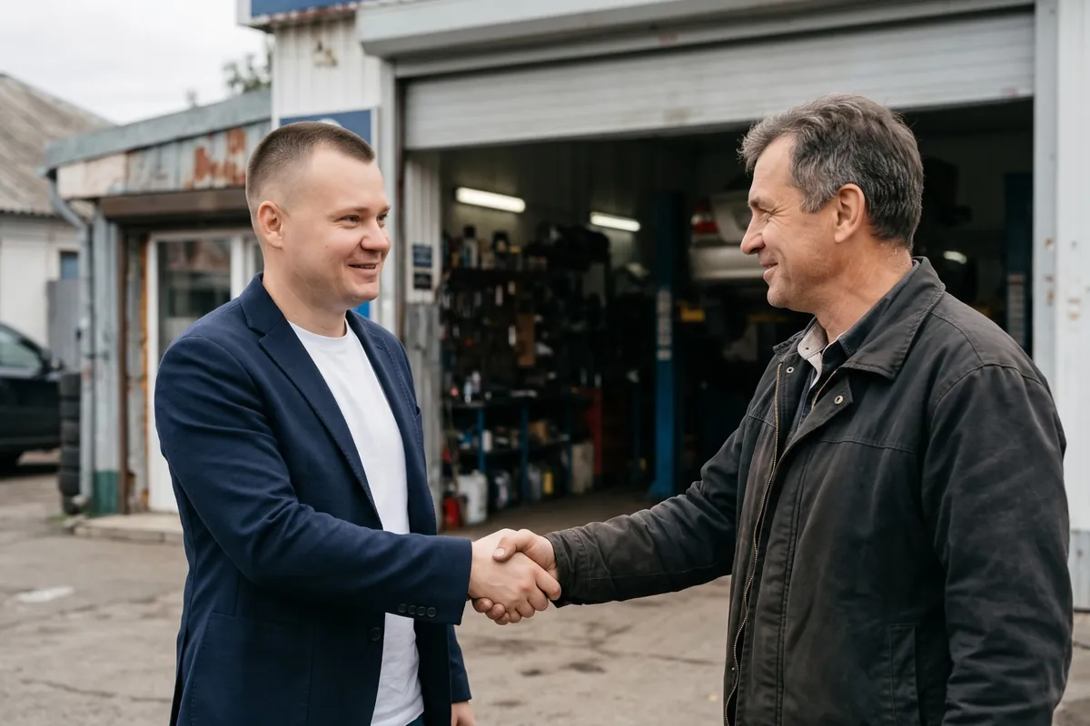 Тисну руку власнику СТО біля боксу